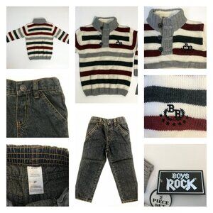 Boys Rock 2-Piece Set 2T Sweater & Jeans Striped Knit Gray Red White